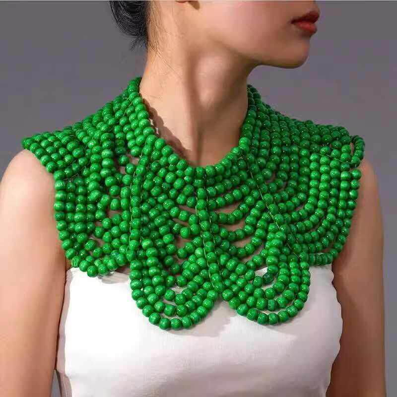 大波浪木珠编织花朵造型披肩链胸链夸张项链非洲新娘饰品necklace