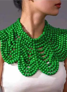 大波浪木珠编织花朵造型披肩链胸链夸张项链非洲新娘饰品necklace