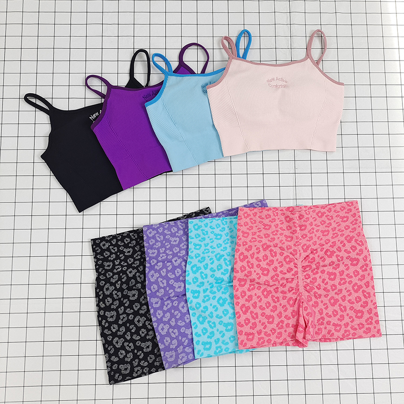运动套装豹纹撞色健身服提臀短裤