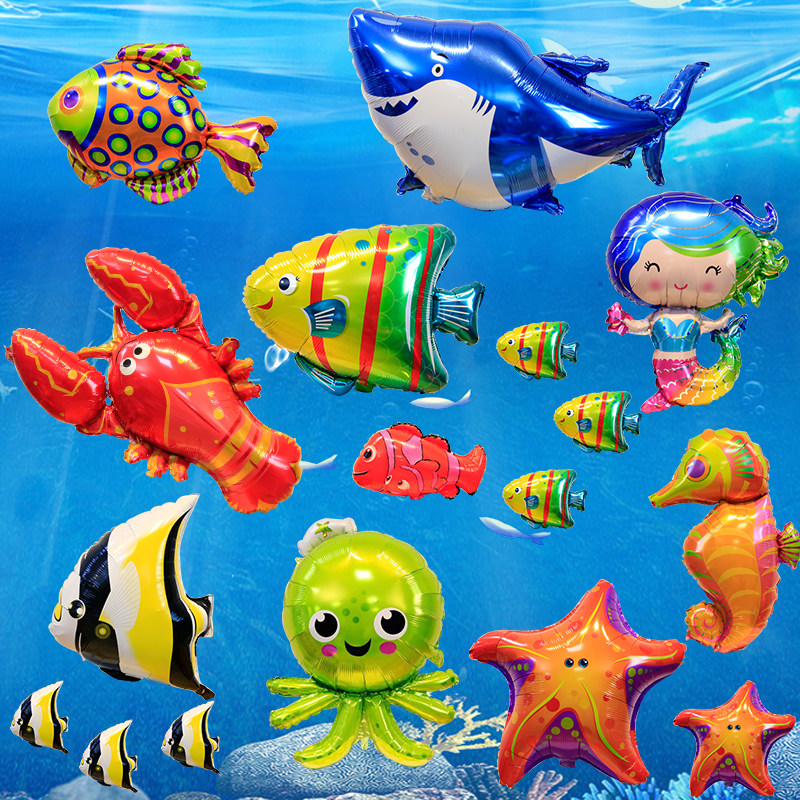 海洋世界生物美人鱼铝膜气球生日派对布置装饰玩具礼品大白鲨海马
