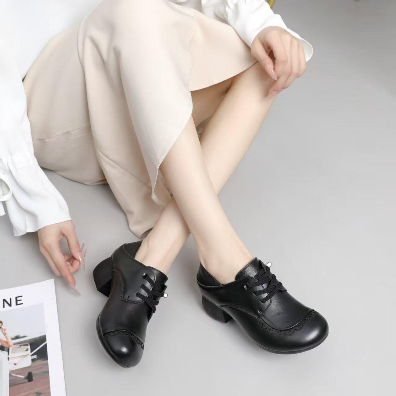 英伦风真皮乐福鞋女黑色交叉绑带低跟粗跟圆头复古单鞋洞洞女鞋