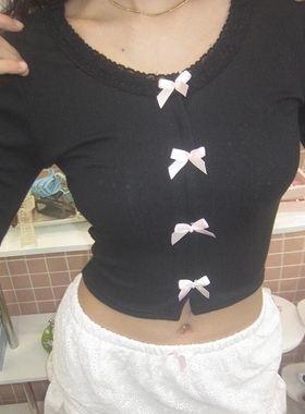 Vintage Bow Crop Top Women Cute y2k Lace T Shirt Harajuku