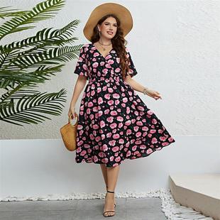 summer floral dress plus size 夏季印花收腰显瘦大码连衣裙女