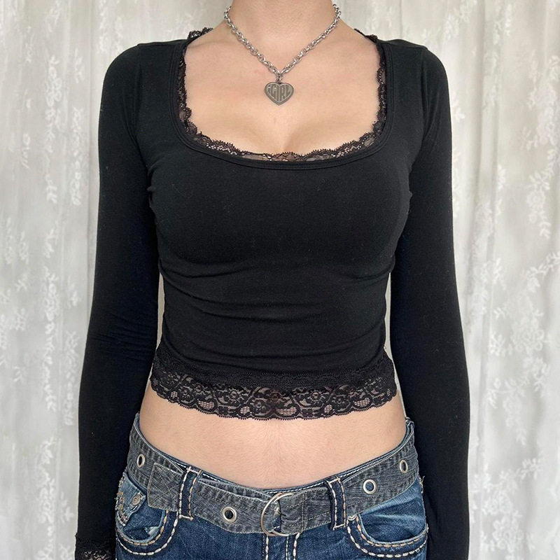 2024 Vintage Lace Stitched Black Crop Top Women Basic Skinny