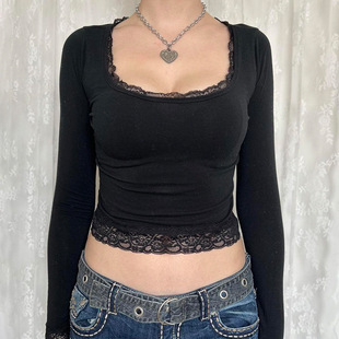 Stitched Black Basic Vintage Skinny Women Lace Top 2024 Crop