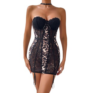 Large size women lace patchwork leopard hollow gathere dress