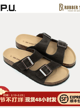 CPU男款25秋新品双带牛皮磨砂皮勃肯休闲凉鞋软木平底舒适拖鞋RO