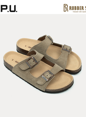 CPU 秋新款女士牛皮磨砂皮反牛皮双带软木平底舒适休闲拖鞋RO