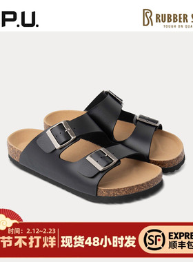 RubberSoul男款双带勃肯懒人一脚蹬平跟松木底夏季沙滩休闲拖鞋RO