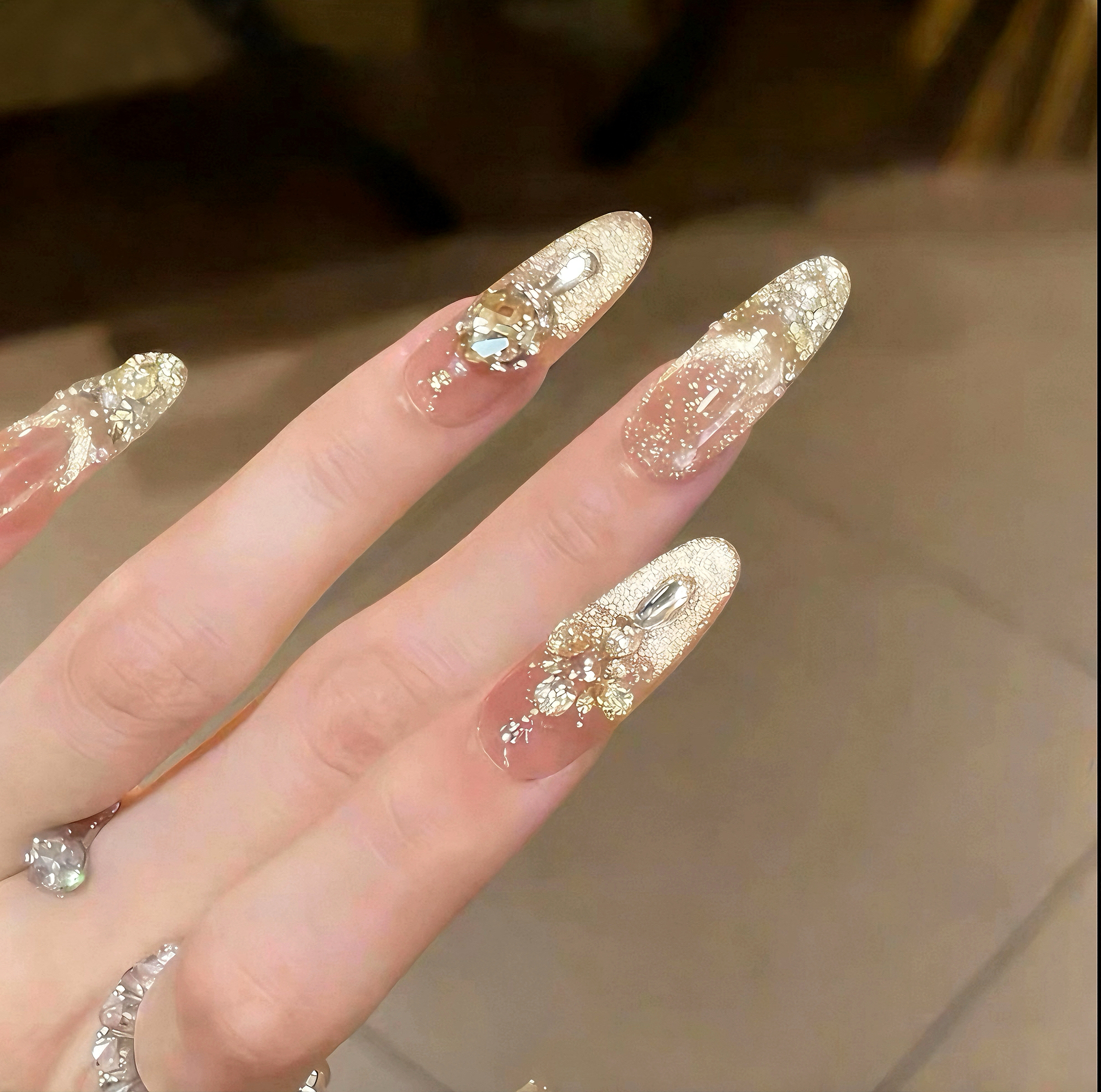 【熔金晚宴】法式鎏金猫眼轻奢显白锆石爆闪纯手工穿戴甲中长款