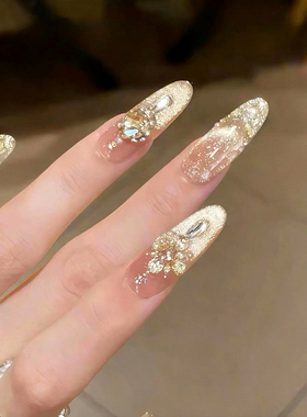 【熔金晚宴】法式鎏金猫眼轻奢显白锆石爆闪纯手工穿戴甲中长款