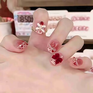【喜狮年年】新年醒狮纯手工穿戴甲显白猫眼法式爱心蝴蝶结美甲