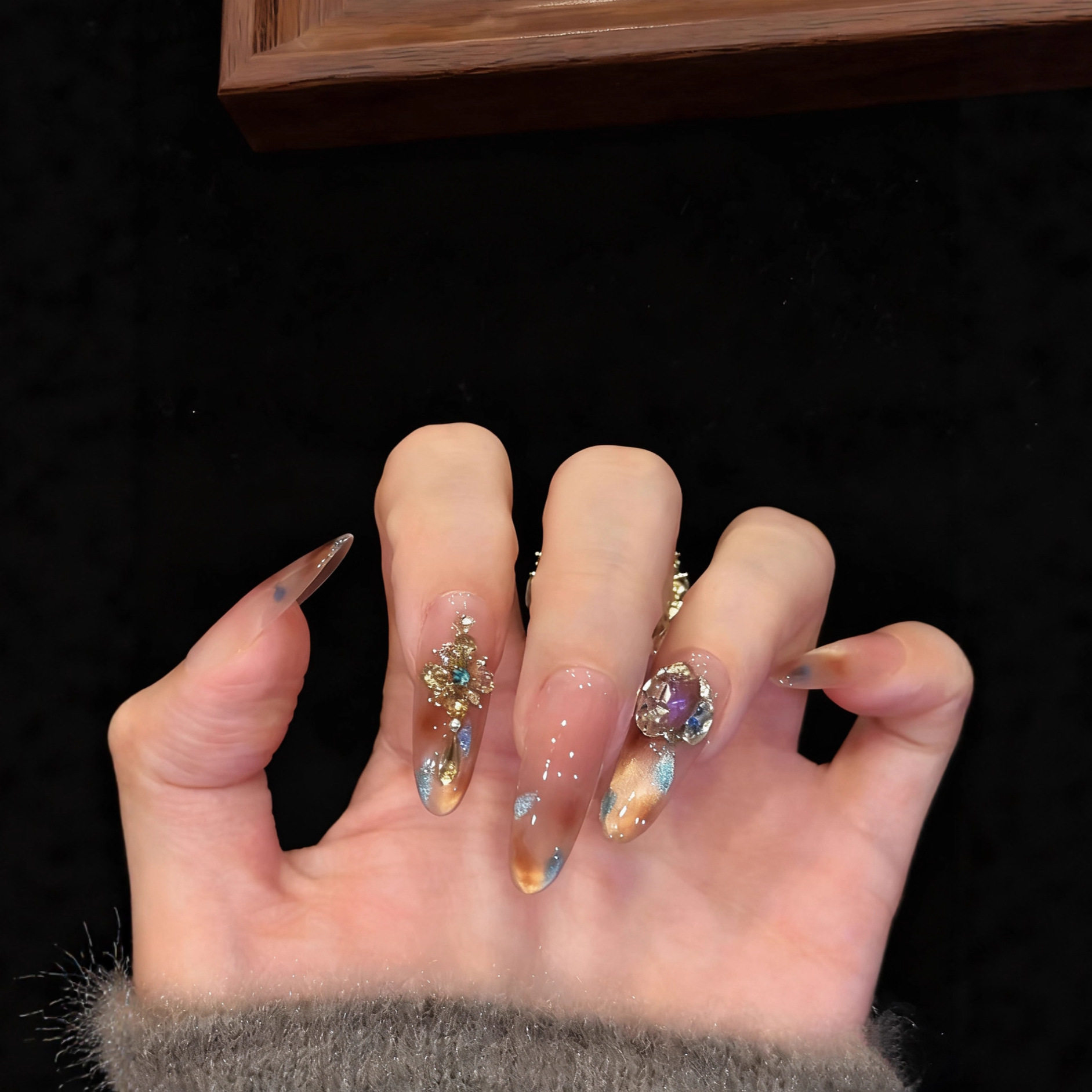 【焦糖玛奇朵】琥珀晕染堆钻爆闪猫眼手工穿戴甲秋冬美甲假指甲片
