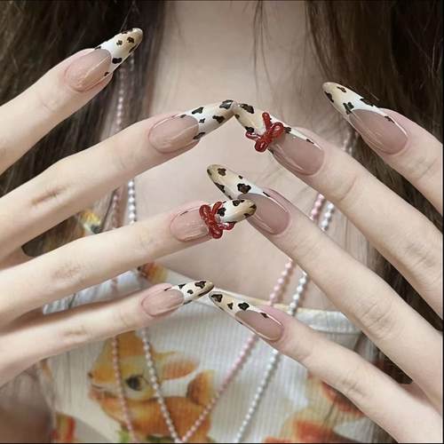 豹纹甜心辣妹法式立体蝴蝶结显白百搭纯手工穿戴甲美甲假指甲片