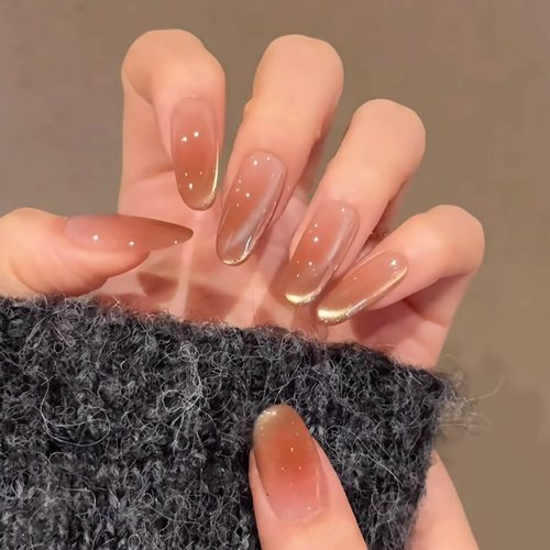 鎏金侧光法式猫眼纯手工穿戴甲中椭圆美甲贴片轻奢高级感2025新款