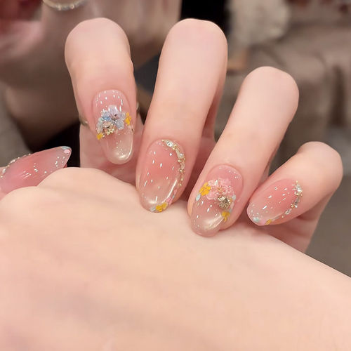 【金缕花笺】法式干花玻璃珠猫眼纯手工美甲穿戴甲短款2026年新款