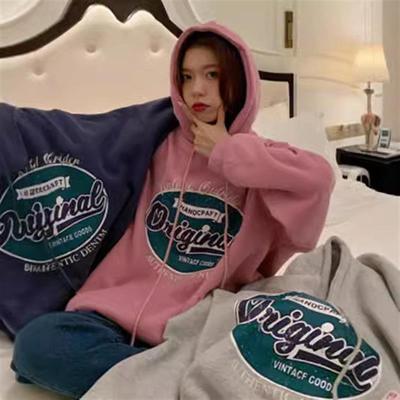 新款2025秋冬韩版宽松中长款加绒加厚连帽卫衣女盐系印花长袖上衣
