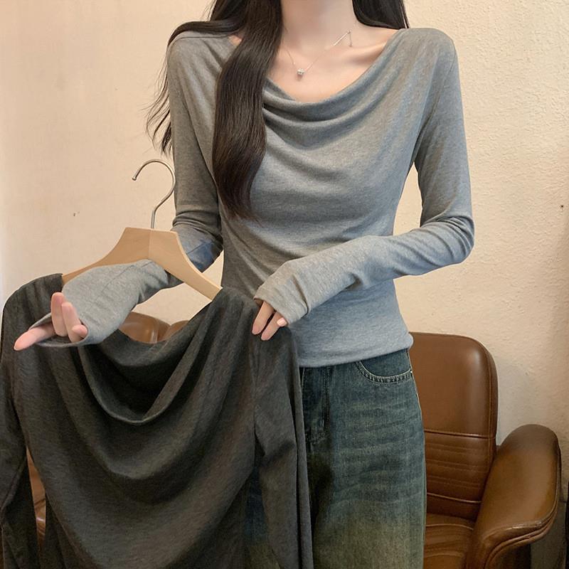 实拍1*1莫代尔长袖t恤女装2025秋季新款薄款修身打底衫堆堆领上衣