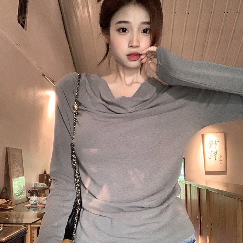 实拍1*1莫代尔长袖t恤女装2025秋季新款薄款修身打底衫堆堆领上衣