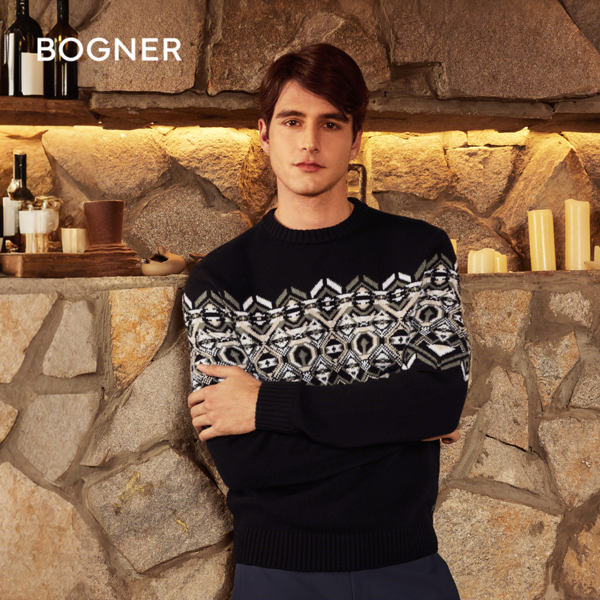 BOGNER博格纳 25秋冬新品LUCI男士复古提花圆领保暖套头针织衫