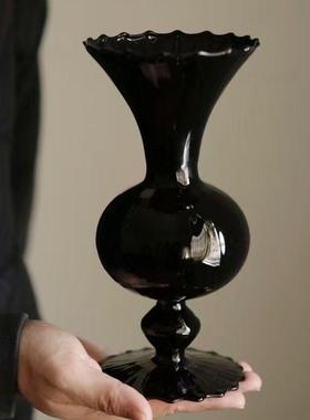 法式中古黑色花瓶摆件客厅插花复古轻奢高级感玻璃水培鲜花干燥花