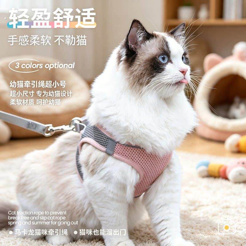 幼猫牵引绳超小号猫咪可调节溜猫猫绳子猫牵引防挣脱外出猫绳背带