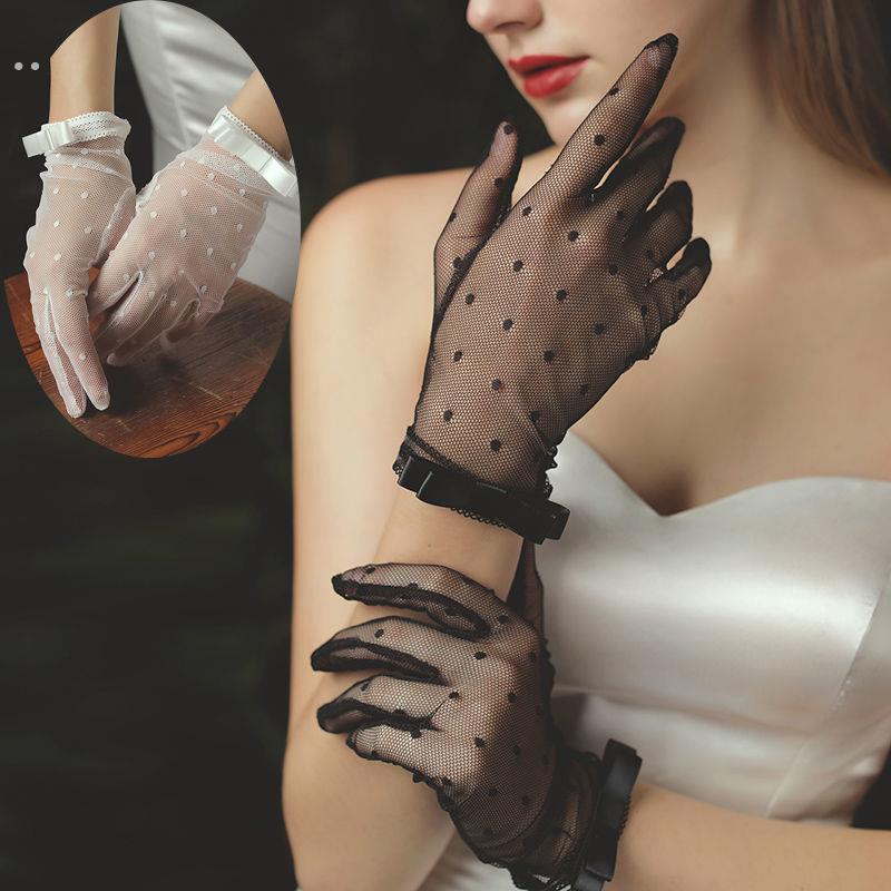 法式蕾丝夏季手套女防晒薄款宴会婚纱礼服晚会年会春秋季黑色手纱