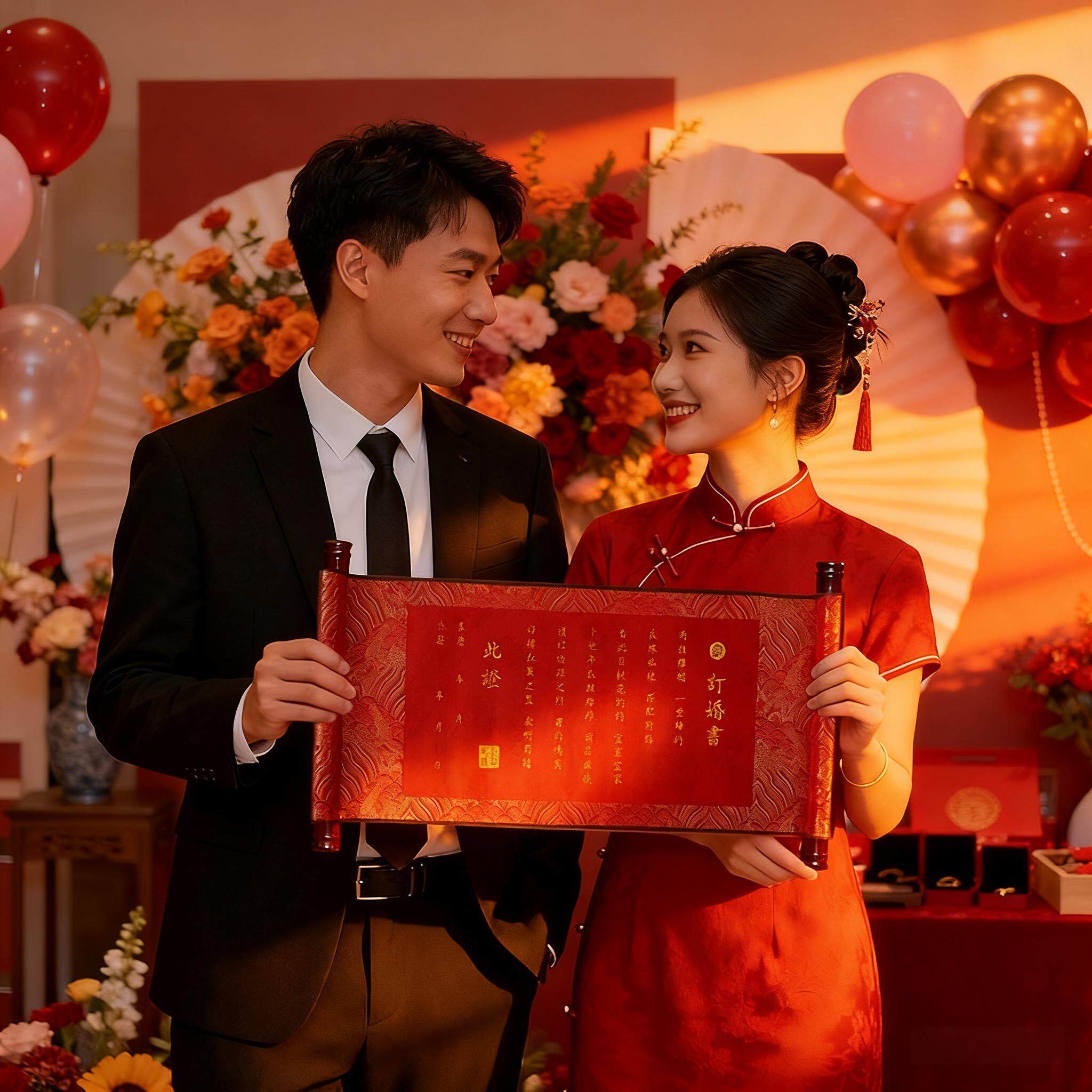 中式订婚书婚书下聘中国风卷轴高级感空白手写订婚宴摆件摆台用品