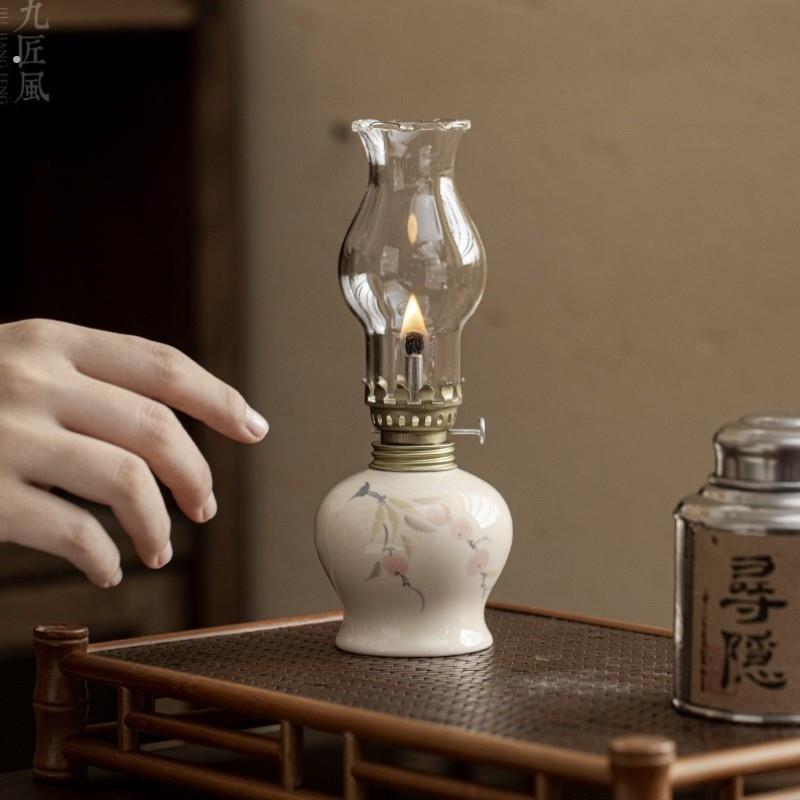 新中式陶瓷酥油灯灯盏复古煤油灯老式家用书房卧室茶室布置小夜灯