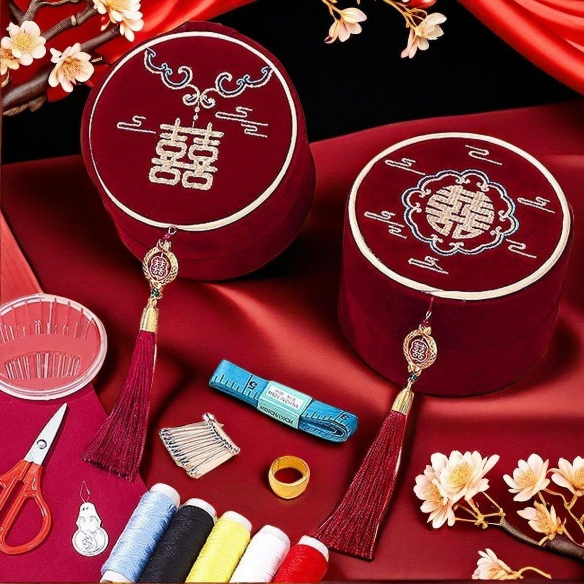 婚庆布艺刺绣针线盒新娘高档红色便携嫁妆套装针线盒结婚嫁妆针线