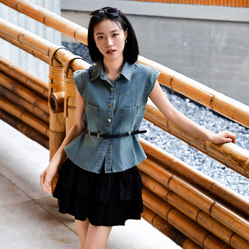 奈斯帕夏季女牛仔衬衫蛋糕裙套装