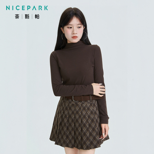奈斯帕2025冬季新款韩版中领休闲加绒打底长袖上衣女修身显瘦
