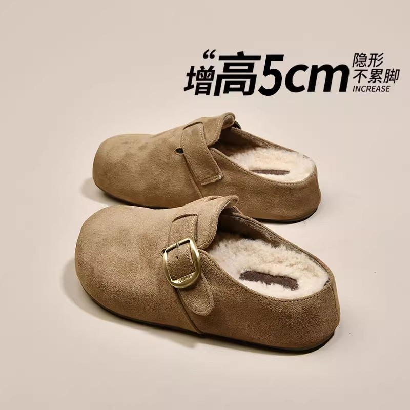 真皮加绒勃肯鞋厚底内增高女包头半拖外穿2025秋冬新款毛毛棉拖鞋