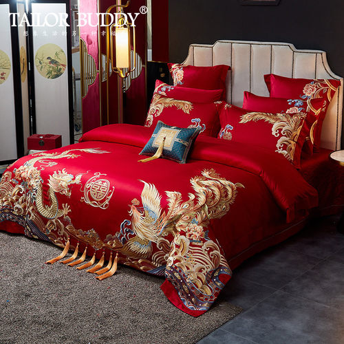 TB婚庆四件套高级感结婚床上用品大红色100支纯棉床单陪嫁十套件