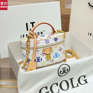 奥莱酷奇专柜2026新款高老花真皮女包白三彩锁头盒子包手提化妆包