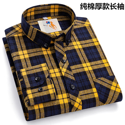 保罗全棉加厚休闲男装衬衣寸衫新款格子纯棉男士长袖衬衫中青年