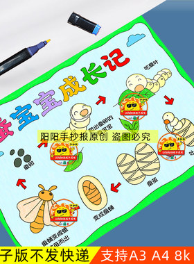 蚕的一生手抄报模板蚕宝宝成长记自然笔记观察日记电子版A3A4线稿