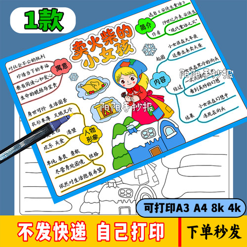 卖火柴的小女孩思维导图手抄报小学生安徒生的童话故事电子版模板