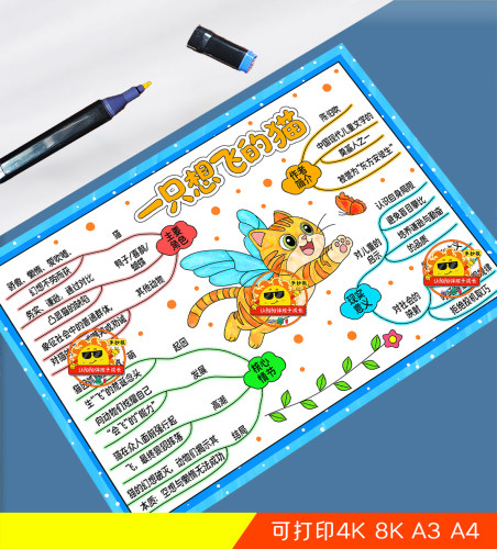 一只想飞的猫思维导图手抄报电子模版小学生课外阅读好书推荐小报