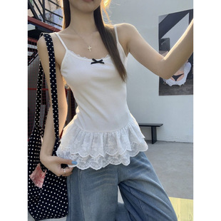 白色蕾丝吊带女叠穿蝴蝶结无袖背心夏季miu系芭蕾风内搭打底上衣