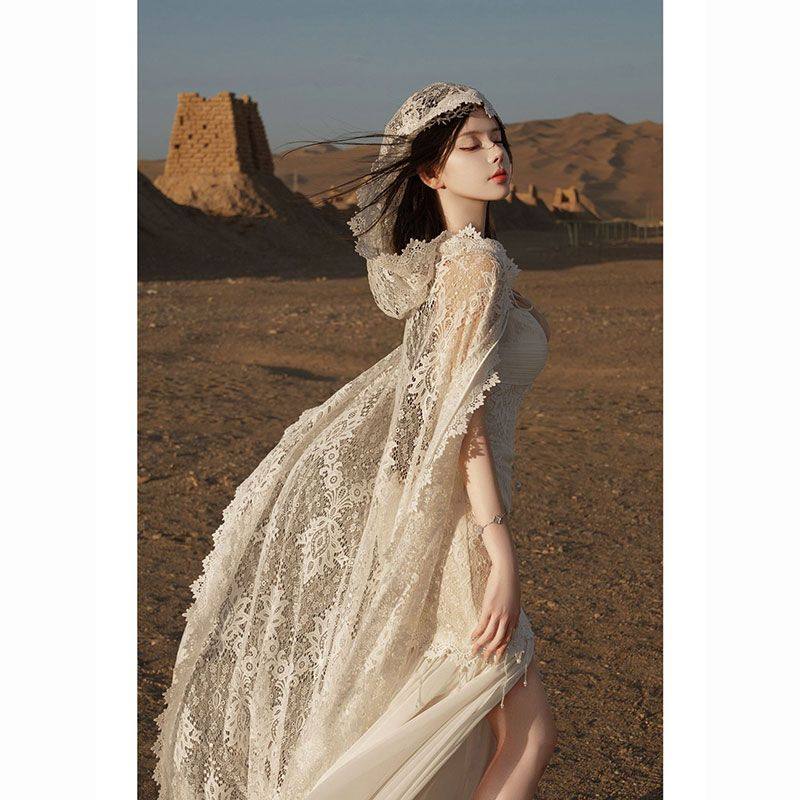 性感显瘦蕾丝开叉抹胸拖尾礼服连衣裙头纱绑带披风轻婚纱晨袍套装