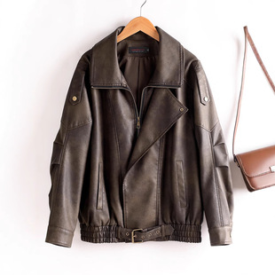 海宁泡纹绵羊皮真皮皮衣杨树林廓形宽松大版酷飒机车皮夹克外套