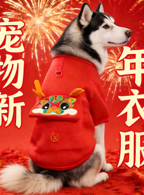 哈士奇狗狗2026新年衣服红色喜庆可牵引大型犬高颜值漂亮马年大狗