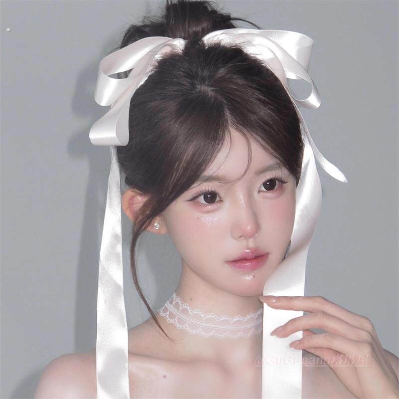 白色垂耳兔蝴蝶结顶夹甜美少女芭蕾风飘带发夹子大丝带发夹发饰