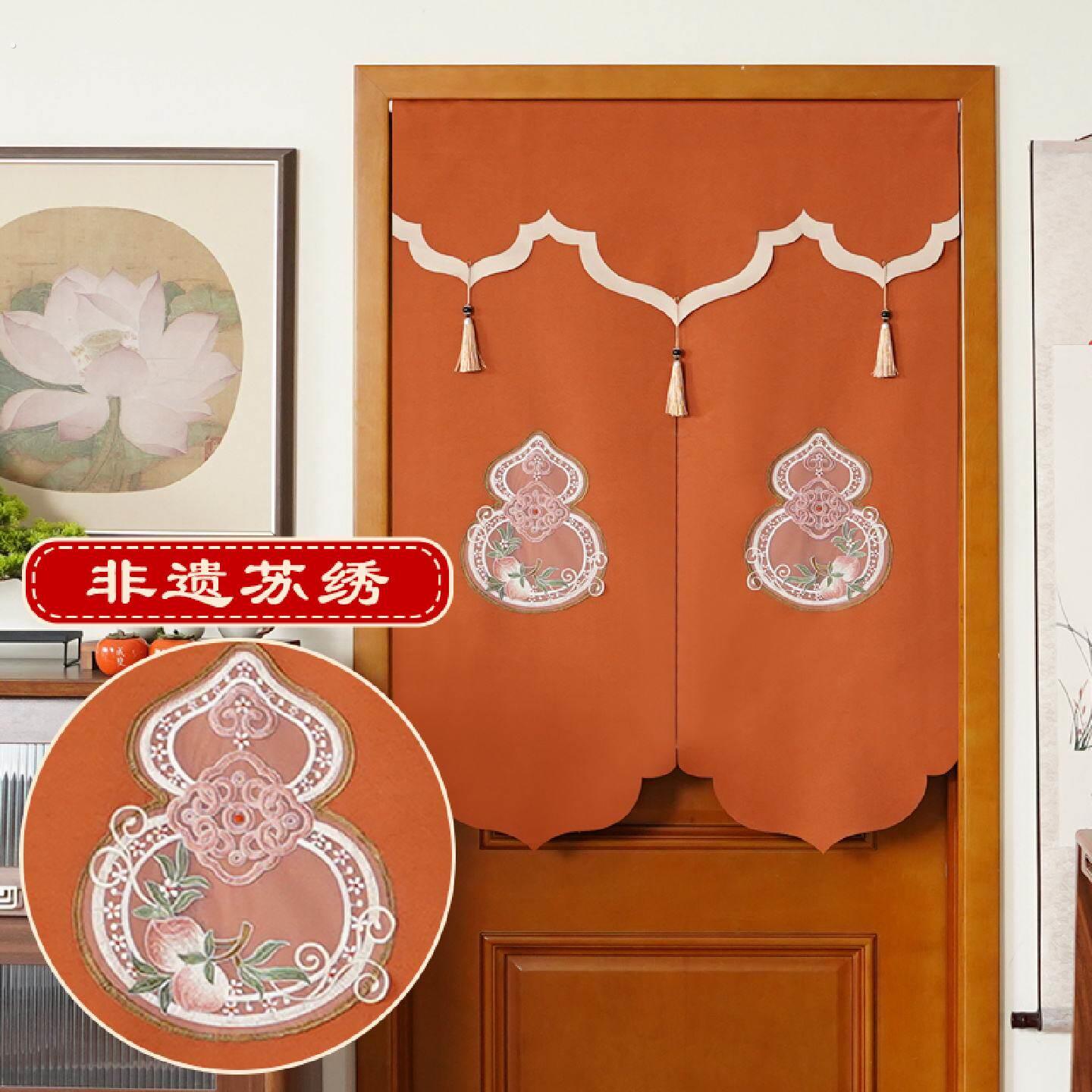门帘新中式福禄隔断窗家用卧室入户门布艺半帘免打孔伸缩杆遮挡帘