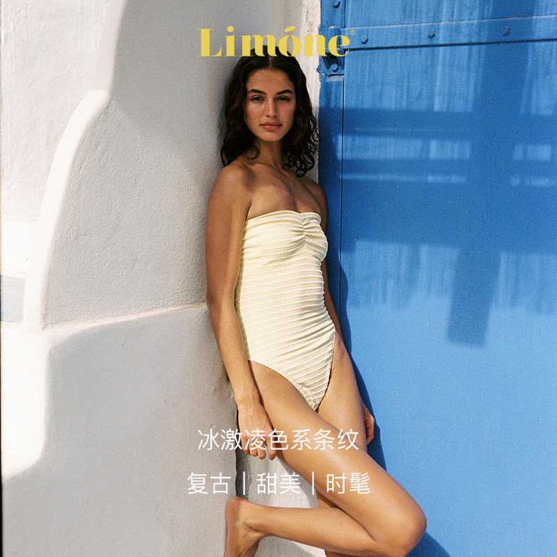 Limone露肩抹胸褶皱小众高级泳衣图片