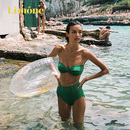 Limone高腰分體泳衣女褶皺泡泡紗抹胸泳裝 度假綠色海邊性感比基尼