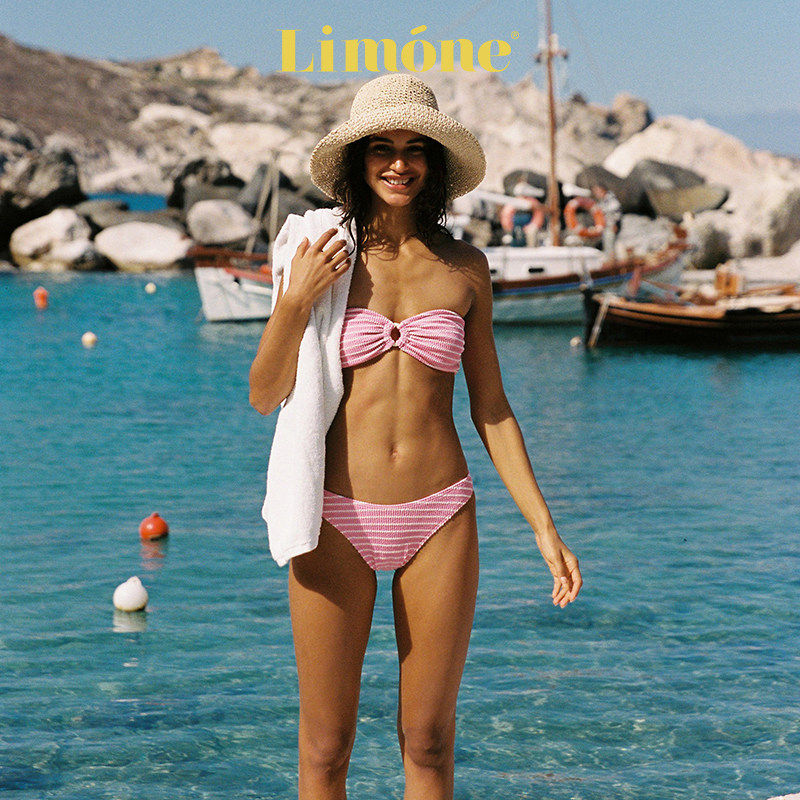 Limone粉色分体泳衣比基尼度假风图片