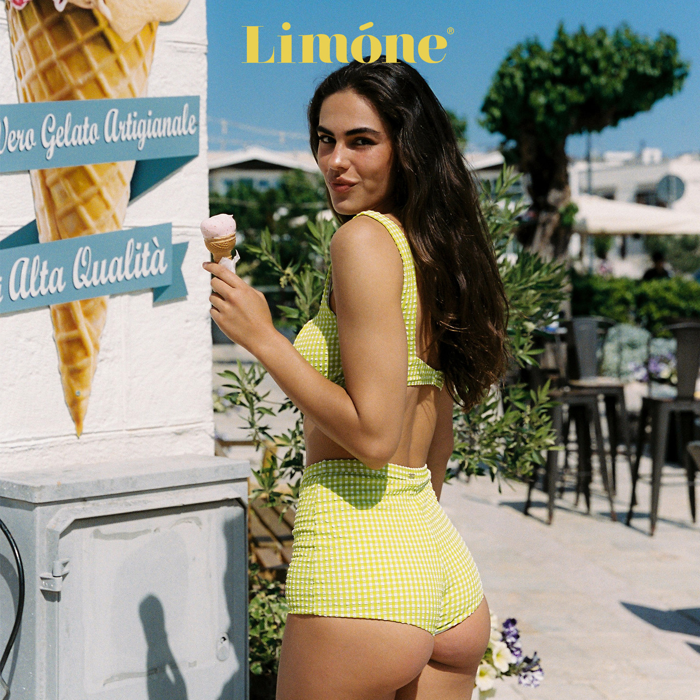 Limone方领宽吊带显瘦分体泳衣女图片