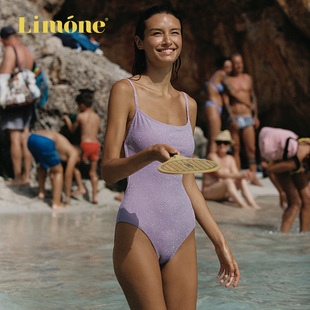 Limone连体泳衣海边泡温泉大露背肩带紫色绝美泳装 马思纯同款